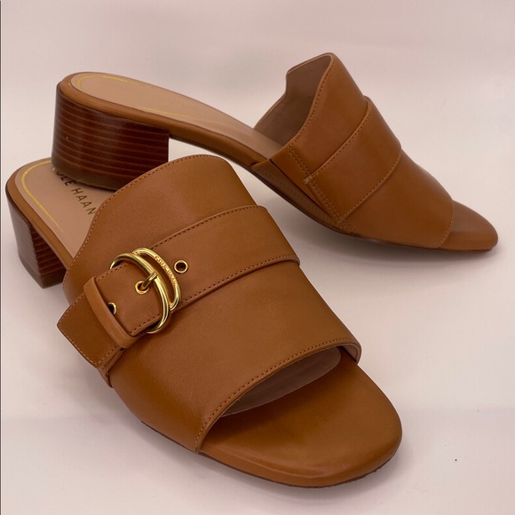 Cole Haan Women's Crosby Slide Dress Sandals Tan Gold Hardware Sandals - Picture 4 of 9